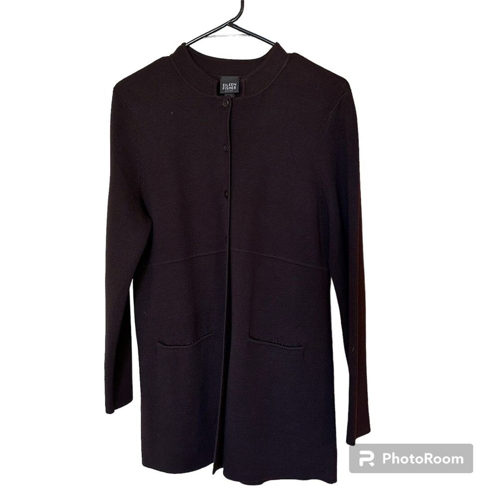 Eileen Fisher Brown Silk Cotton Sweater Cardigan Hip Length Front Pocket Coat PM